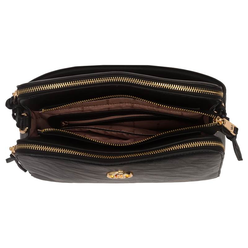 Visão superior da bolsa baú feminina WJ preta mostrando compartimentos internos e forro em tecido